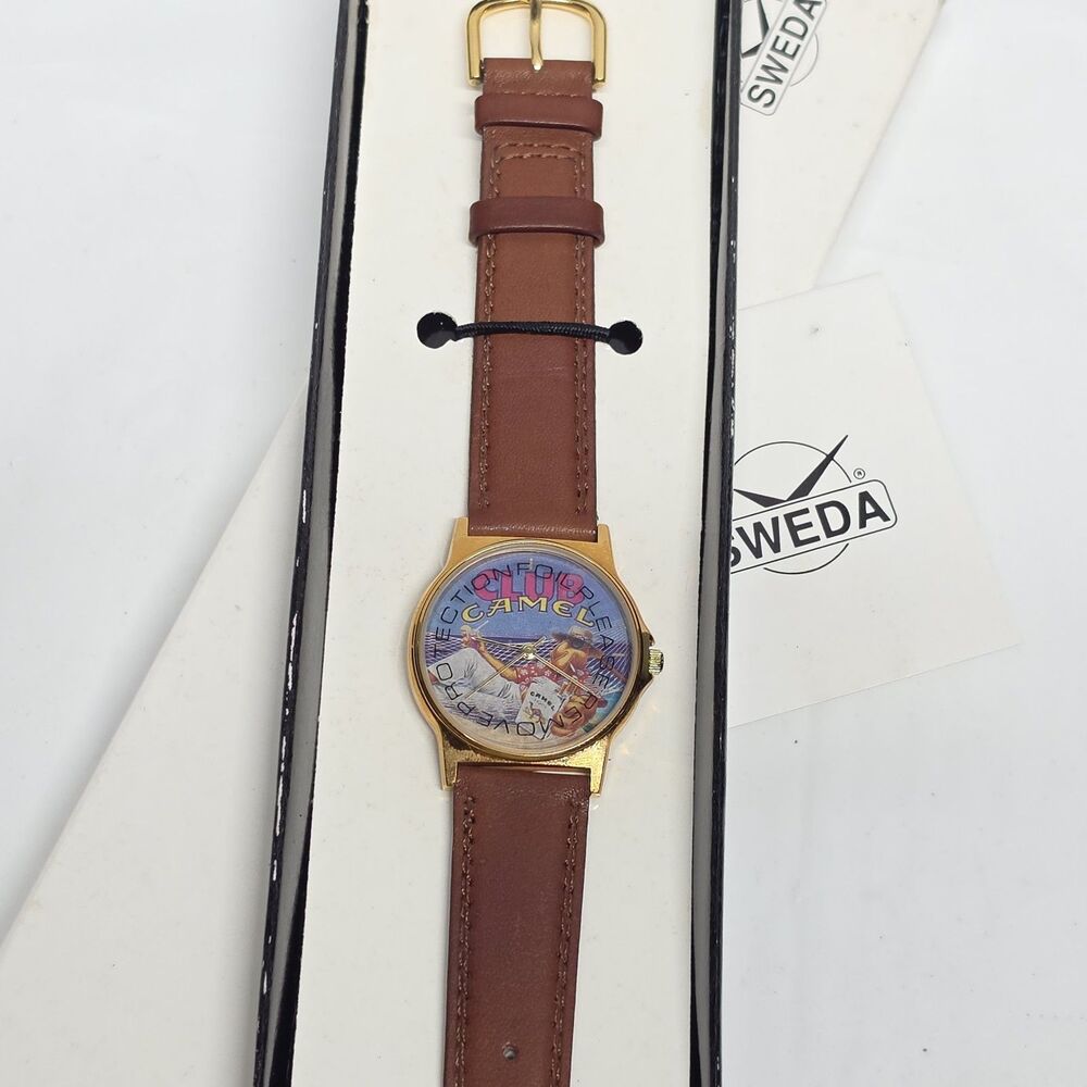 VTG Sweda CAMEL CLUB Quartz Analog Watch JOE CAMEL Leather Band NEEDS BATTERY